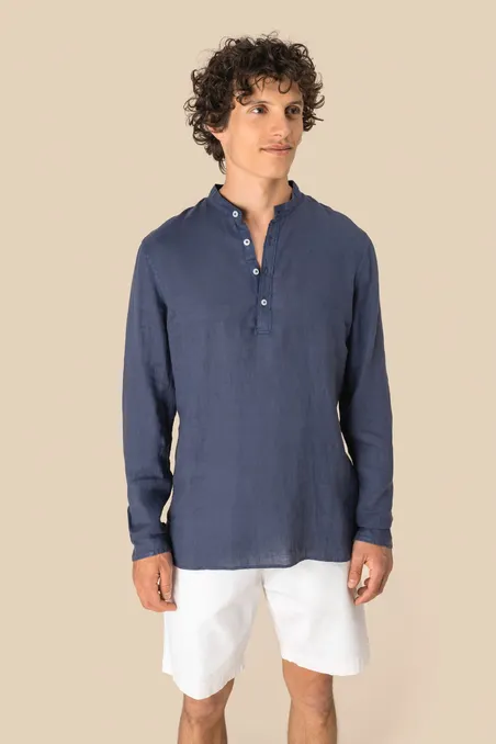 Chemise à col Mao délavée en lin homme